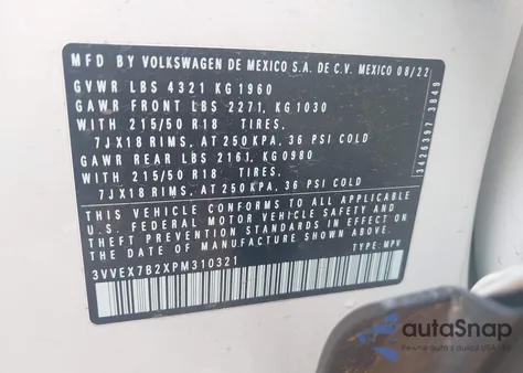 2023 Volkswagen Taos 1.5T Se from USA, damaged, VIN 3VVEX7B2XPM310321